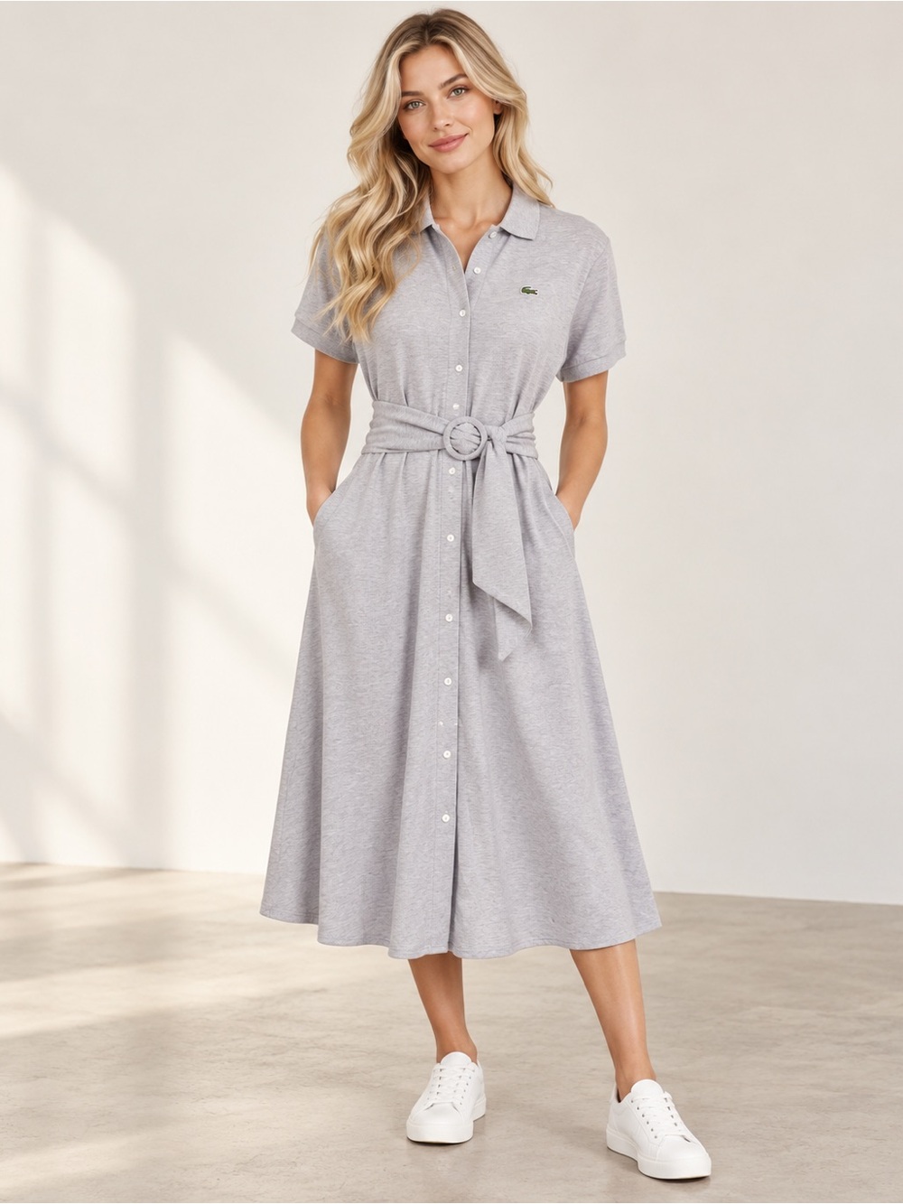 Lacoste Belted Polo Shirt Midi Dress Gray Short Sleeve Women’s Size 32